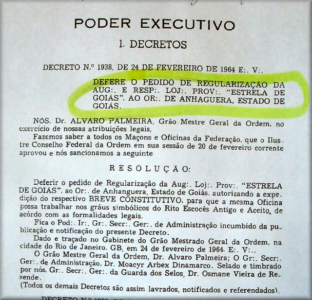 Decreto de Regularização da Loja Maçônica Estrela de Goiás 1591